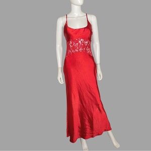 Elegant‎ Red Satin Maxi Dress with Lace Bodice